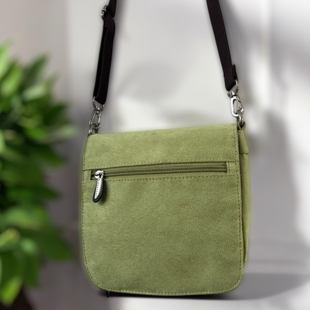 Travelon Lime Green & Brown Vegan Suede Organizer Purse Crossbody Adjustable